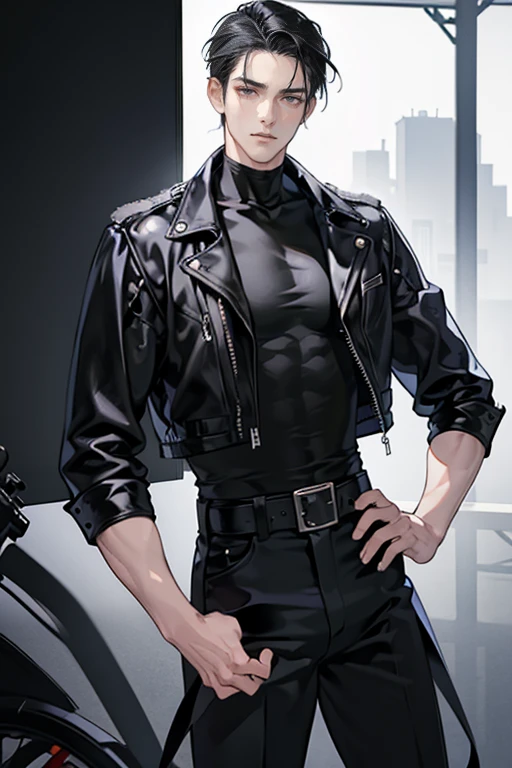 anime - (masterpiece), best quality, seductive eyes, mature face, black eyes, short slicked back black haircut, plain black t shirt, black leather jacket, black pants, tall man, long legs, masculine, broad shoulders, adult-like, full body, hands on hips, bad boy, motorcycle
