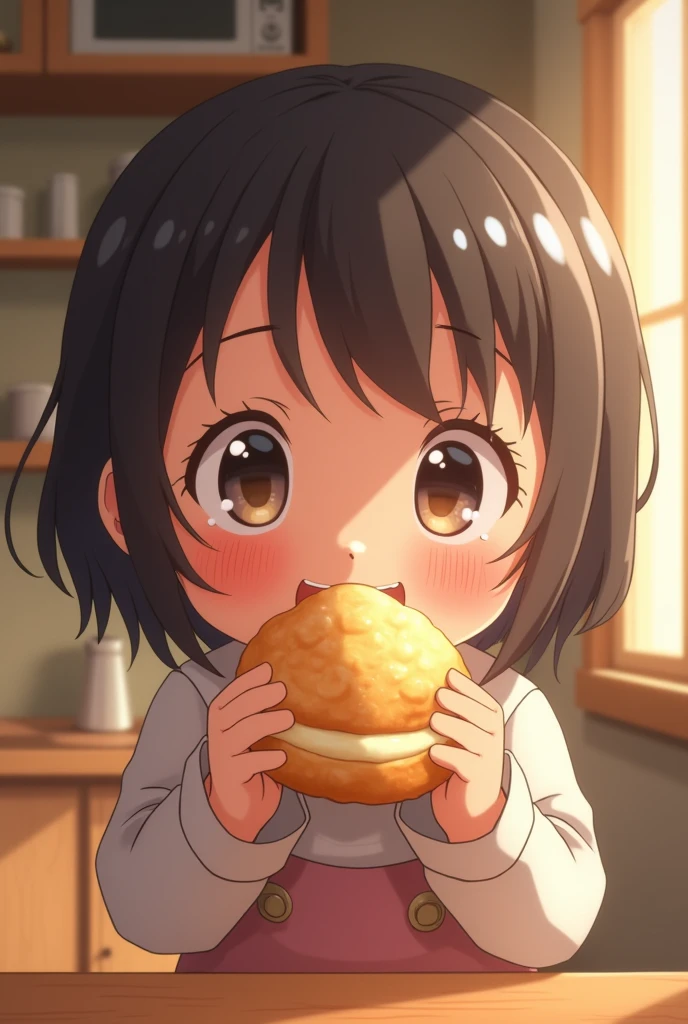 (Pixar 1.25 style) Portrait of a serious little girl eating breakfast in a school uniform