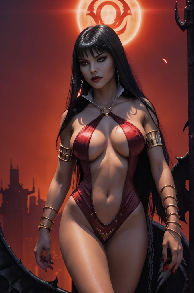 Megan fox as Vampirella, (wearing a red vampirella outfit:1.25), (muscular physique, pale skin, red glowing eyes:1.25), standing seductively in a cemetery on a moonlit night, full moon, dark gothic atmosphere, thin legs, Realistic, Very detailed face and eyes, (masterpiece:1.1), (best quality:1.1), (ornate:1.1), (beautiful girl face:1.25)