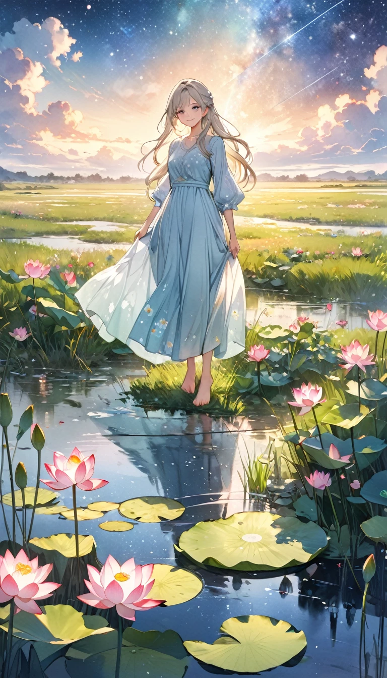 (4K,masterpiece,Highest quality), grassland,Starry Sky,Cloudy,There is a pond,Lotus,Wildflowers are in full bloom,Vibrant colors,Watercolor, A girl who dresses modestly, alone, Silver blonde long hair, smile, Are standing, barefoot,Illustration art,Anime Art,