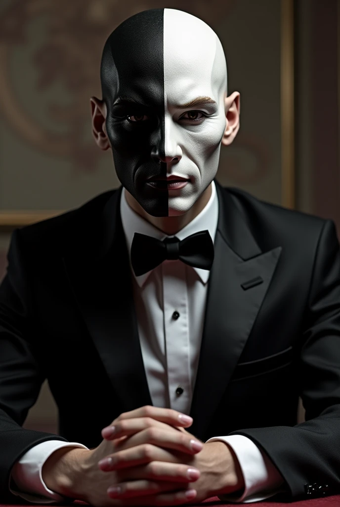 An elegant man with half a demonic face and half an angelic face.