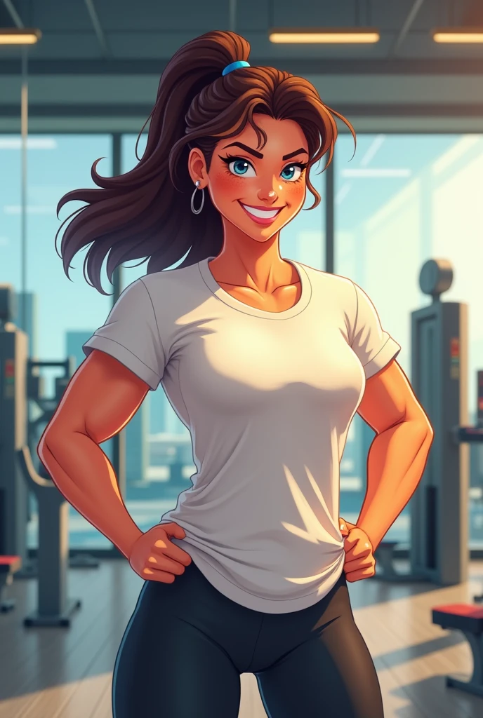<lora:LCM_LoRA_Weights_SD15:1> young 18 year Caucasian girl, (detail skin texture, ultra-detailed body), atmospheric scene, masterpiece, best quality,(cinematic light), solo, midriff, smile, navel, white crop top, brown hair, shirt, grin, outdoors, standing, pink headband, sport shorts