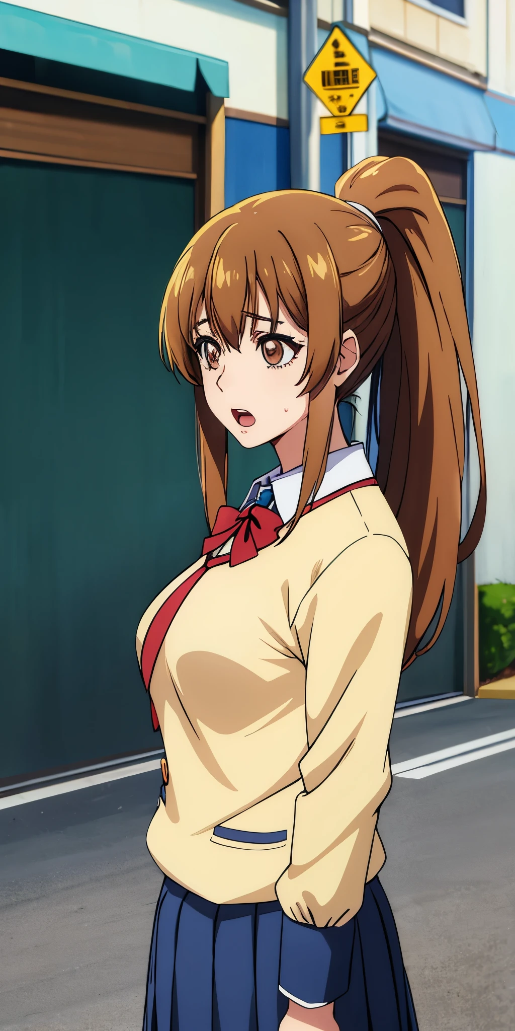 Medium breasts ,best quality, (masterpiece:1.2), highly detailed, street,
1girl,  kotegawa nanaka, open mouth, brown eyes, long hair, wardrobe,( school uniform) , cum, ponytail 