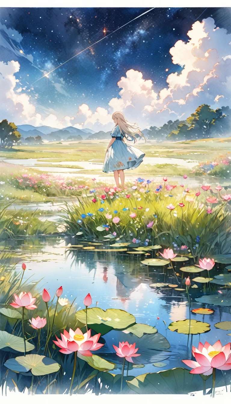 (4K,masterpiece,Highest quality), grassland,Starry Sky,Cloudy,There is a pond,Lotus,Wildflowers are in full bloom,Vibrant colors,Watercolor, A girl who dresses modestly, alone, Silver blonde long hair, smile, Are standing, barefoot,Illustration art,Anime Art,