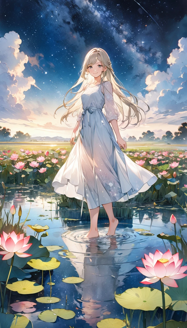 (4K,masterpiece,Highest quality), grassland,Starry Sky,Cloudy,There is a pond,Lotus,Wildflowers are in full bloom,Vibrant colors,Watercolor, A girl who dresses modestly, alone, Silver blonde long hair, smile, Are standing, barefoot,Illustration art,Anime Art,