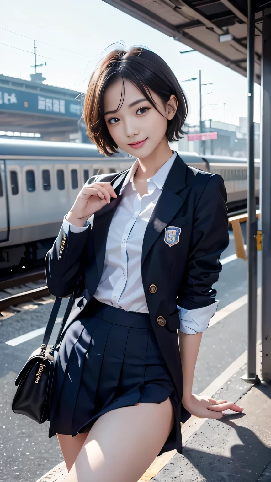 Masterpiece、Highest quality、An illustration、Super detailed、High resolution with great detail、8k wallpaper、Perfect dynamic composition、１６age、Female student、cute、Super Short Hair、Small breasts、Beautiful detailed eyes、School uniforms、Natural color lip、Random sexy poses、smile、waiting for the train on the station platform、