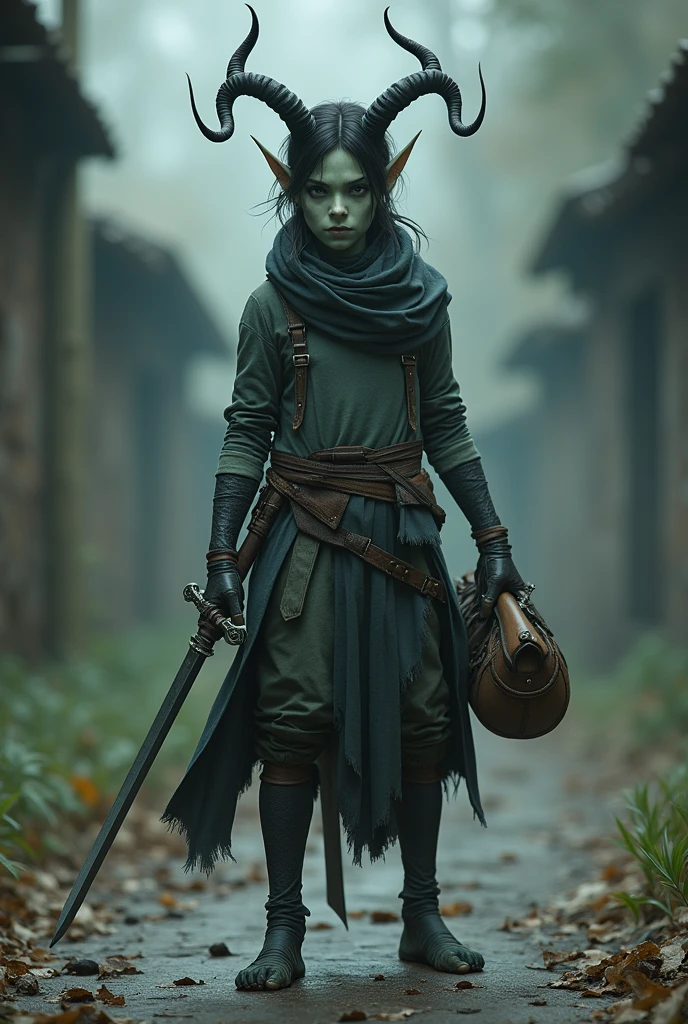 slender elf wearing a white wooden mask in medieval hunter's clothes walking through a dark, foggy forest