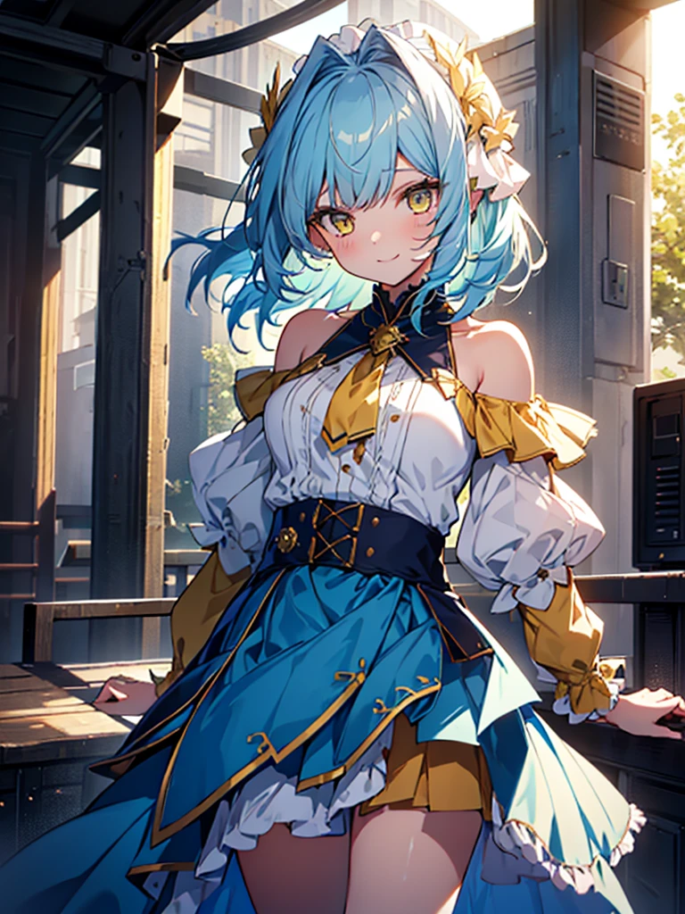 1 girl, solo, long light blue hair, yellow/golden eyes, wearing white ruffled off-the-shoulder blouse, a V-neckline, and an blue skirt. girl is giving cheerful pose