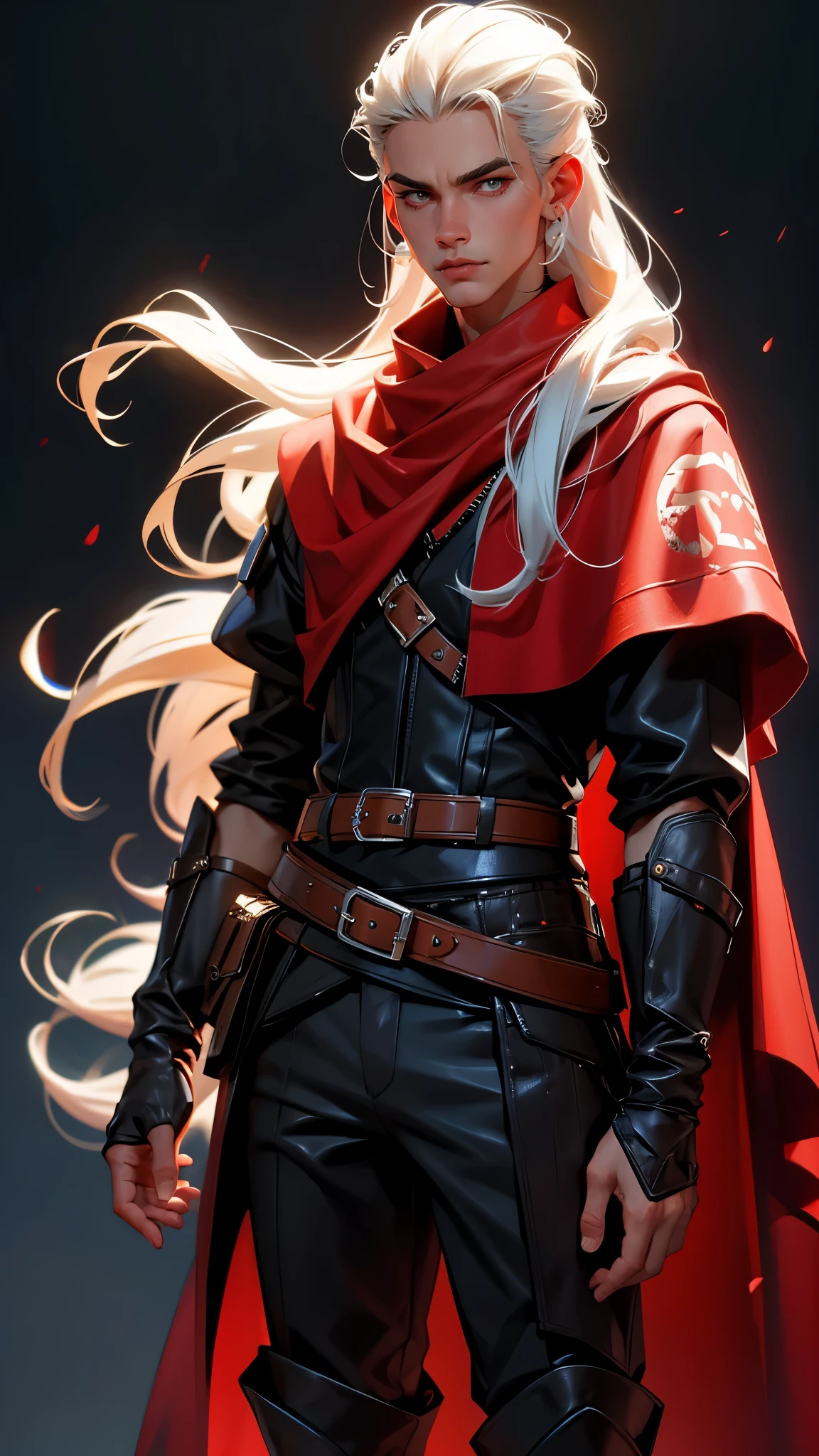 envision a 8k, highres, cinematic, detailed, semi realistic full body pinup of a handsome Man, strong jaw, a tall skinny  body, clean shaved, and long white hair, red eyes, Bandit clothes, leather, pants, boots, (((1boy))), in dark lighting, against a dark background