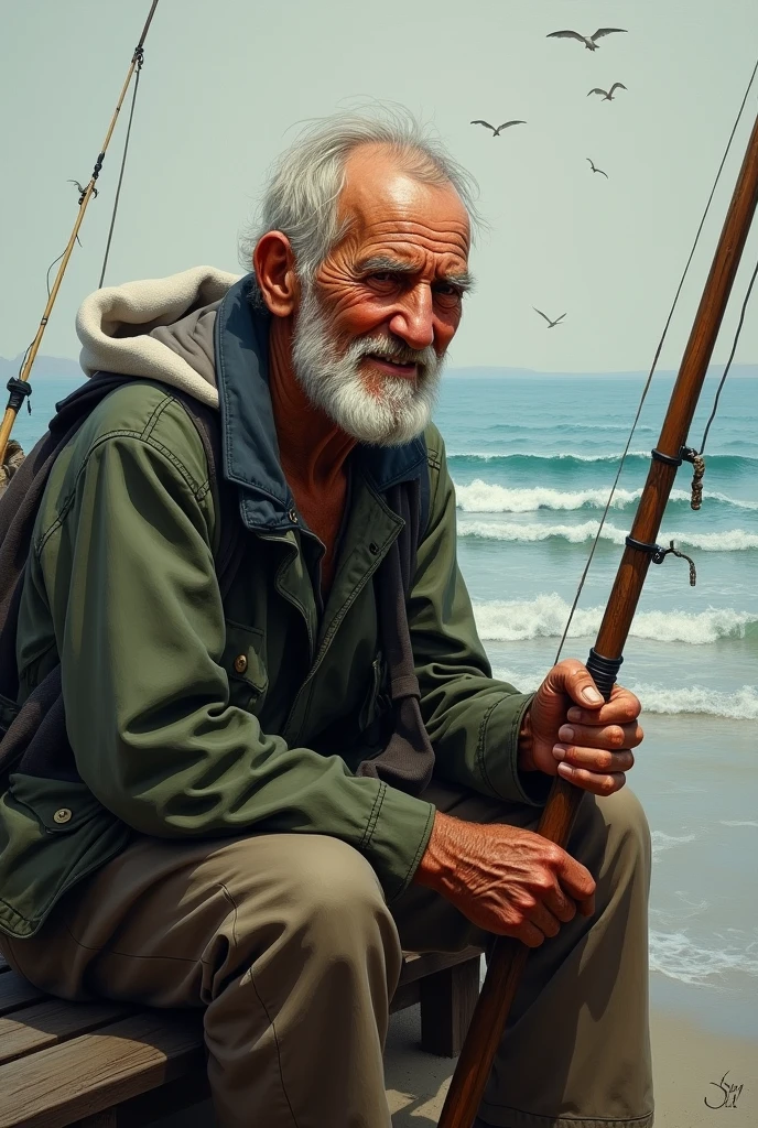 Old captain smoking pipe looking at sea, nostalgic, photorealism