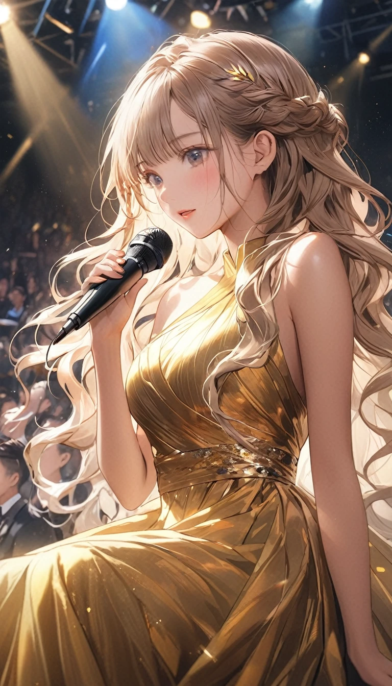 masterpiece,Highest quality, Realistic, Very detailed, Finer details, High resolution, 8k wallpaper, One beautiful person,Asian,(Brown people),Dark Skin,, Beautiful face,Gal, (((Singing with a microphone))),(((Gold Long Dress:,Hairstyle: Wavy long hair: ))), On stage, Light brown messy hair, Perfect dynamic composition, Beautiful and beautiful eyes,(Head to Knee),((10th Generation))