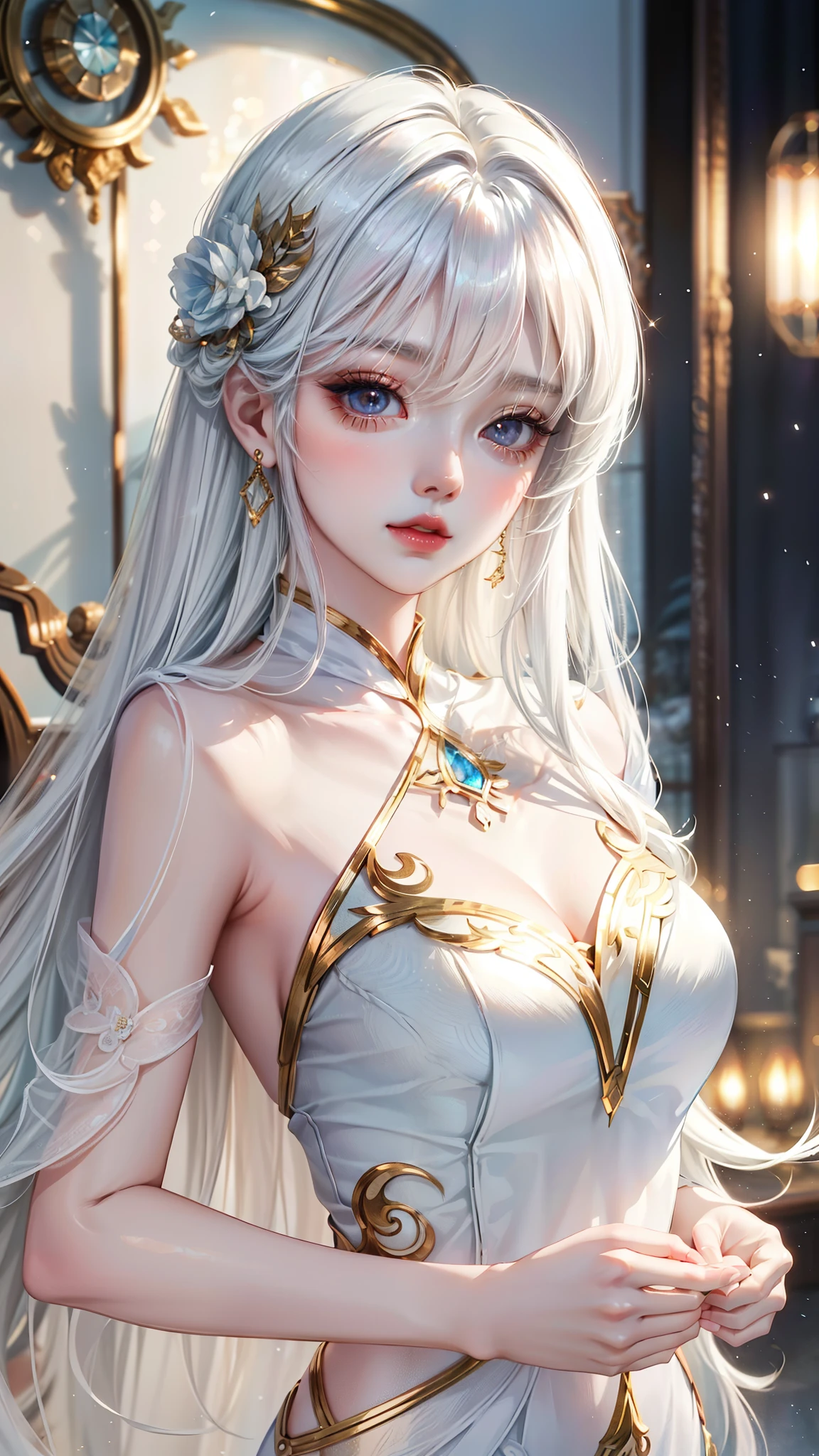 Fantasy, 19th century, empress, woman, delicate face, pale blonde hair, blue eyes, in a white royal dress with open shoulders, gold patterns on fabric, crystal jewelry, with a scarlet ribbon over the shoulder with the regalia of the monarch, Gothic castle made of white stone on the background, light, day, hd