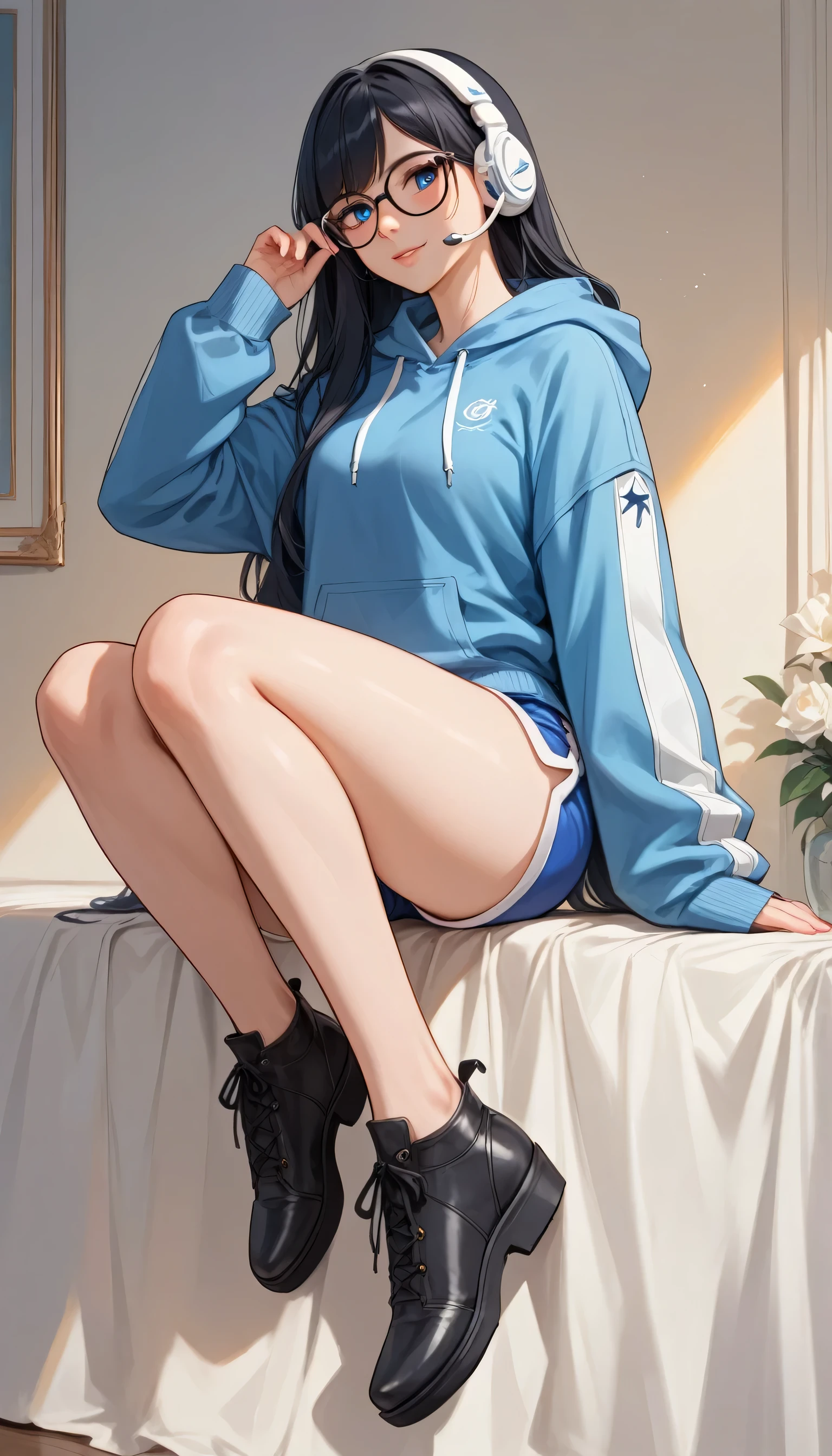 Izayoi Seishin artstyle, (score_9, score_8_up, score_7_up), (best quality, masterpiece),perfect anatomy,(aesthetic,very aesthetic),official style, (ultra-high resolution), 1girl, long black hair, white headpiece, white headset, black-rimmed glasses, blue hoodie jacket, blue short shorts, black shoes, playful and cute appearance