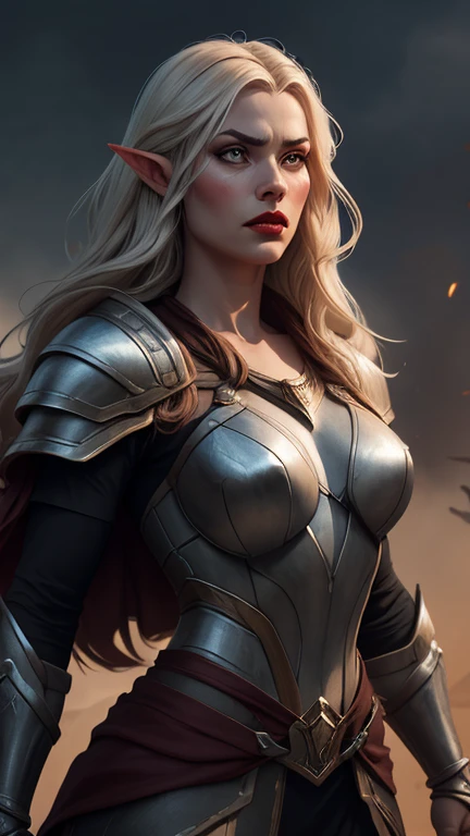 detailed portrait of a beautiful elven warrior woman, long flowing hair, cold fierce eyes, full red lips, elegant facial features, wearing intricate elven armor, holding a glowing magical sword, standing tall and proud on a battlefield, dramatic lighting, cinematic composition, fantasy art, digital painting, concept art, highly detailed, 8k, photorealistic