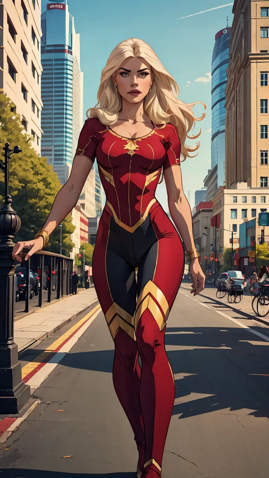 ((full body shot, standing, feet on the ground)) She-Ra, (best quality, 4K, 8K, high resolution, cyclist body, art: 1,2), ultra detailed, (realistic, photorealistic, photorealistic : 1.37), full body photo, high boots, voluminous hair, beauty pose, standing, feet showing, outdoors, flying through the city during the day, black, red and white
