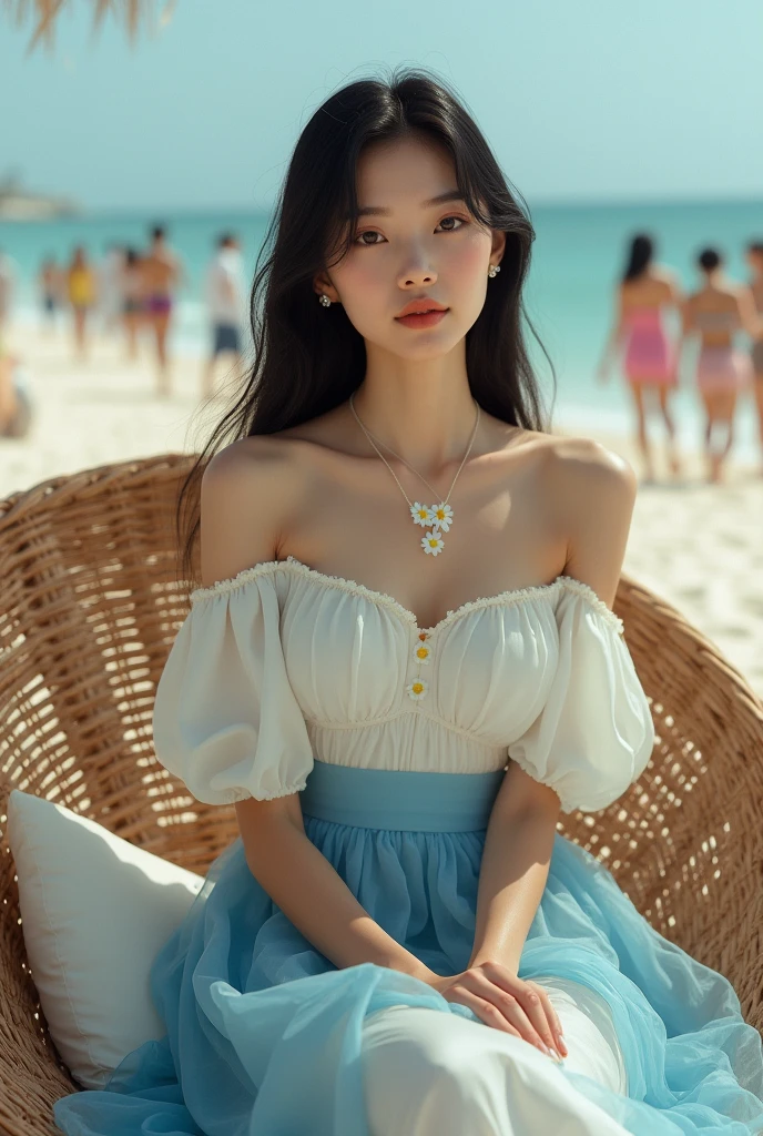 Photo taken with a Fuji camera, realistic, best quality, asian woman, white skin, Slender face, oval face, small round eyes, Single eyelid, A teardrop-shaped nose with a rounded tip, plump lips, Long, fluffy black hair, C cup breasts, Sit on a large silk woven chair., Turn your face straight and look to the side., High round neck dress with white top fading to blue at the hem, Puffy dress skirt, Daisy Necklace, The background is a sandy beach and the sea with people walking around.