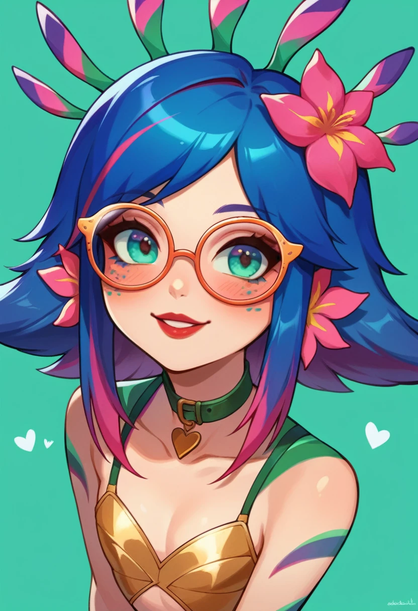 neeko, 1 kawaii anime girl, nsfw, japanese girl, solo, bright aqua eyes, glasses, eyelids, blush, seductive smile, naughty expression, red lips, cute hair bangs, bob short hairstyle, bright aqua hair,  heart shape earings, collar, collarbone, sexy body, slim waist, navel, natural medium breast, cleavage, navel, flat chest, cleavage, detailed erotic dress, pink color knight armor, gold and black color ornament on the dress, erotic pose, looking at viewer, flat green background, upper body