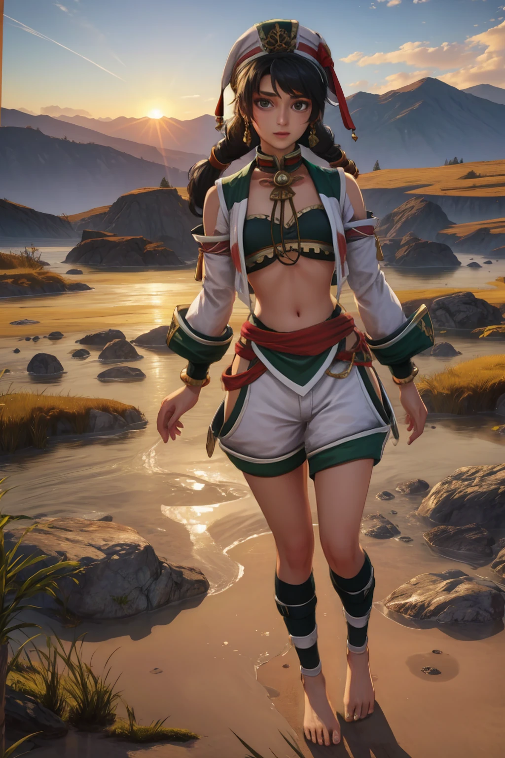 ((Full body photo, standing, feet on the ground) talim, black hair, braid twintails,  brown eyes,   
white hat, midriff, green top, white shorts, thigh cutout, cropped jacket, jewelry, 
 small town, plains,  wind, 
 upper body, standing, smile, 
(insanely detailed, beautiful detailed face,beautiful detailed eyes, masterpiece, best quality) cinematic lighting, 
 