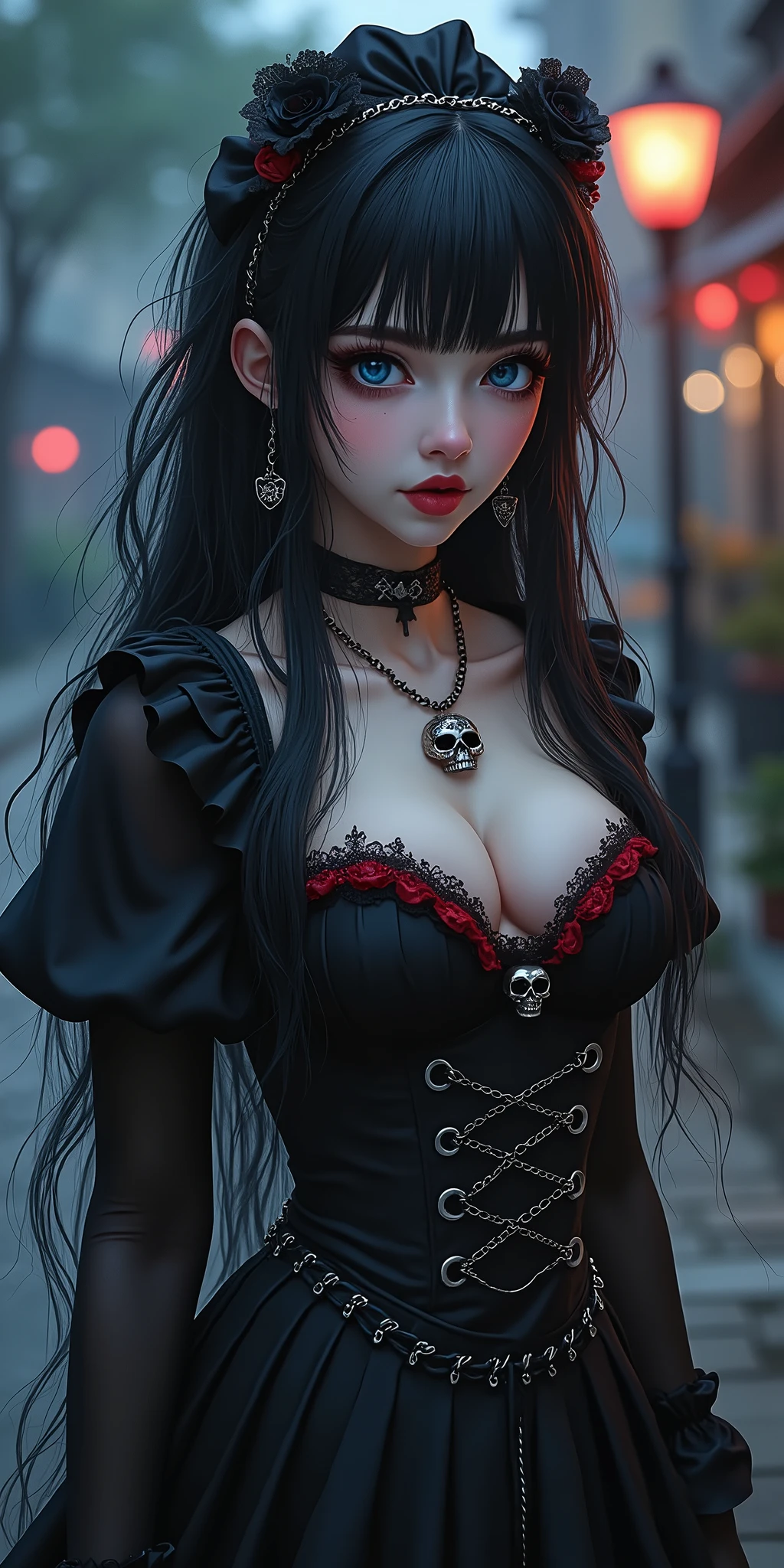 (best quality,highres),(realistic:1.37),dark,goth,woman, eyes,detailed face,black clothes,bobcut black hair,straight bangs,pale skin,red lipstick,intense expression,mysterious atmosphere,garden background,dim lighting,vivid colors, fishnets, topless, fullbody