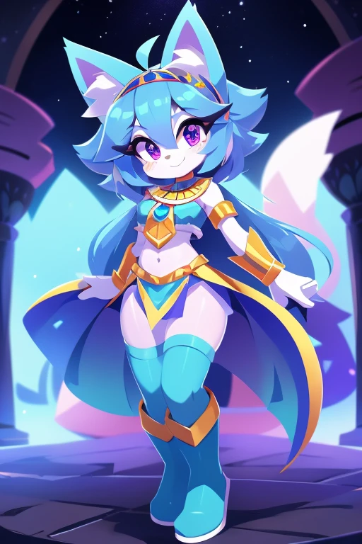 complete body, face perfect, cabelo roxo, Star Guardian, purple and cyan eyes, bright purple eyes, long eyelashes, cyan blue fur, cyan blue cat ears, ssmile doce,tummy,arms ,flegs ,waist,feet,boots casual adventurer outfit. purple and cyan hair, fake cat ears, light ssmile, ear flush,students shining, purple eyes, cyan eyes, ssmile, looking straight ahead, wide plan, 8k, best qualityer, High details, high resolution,egyptian clothing theme
