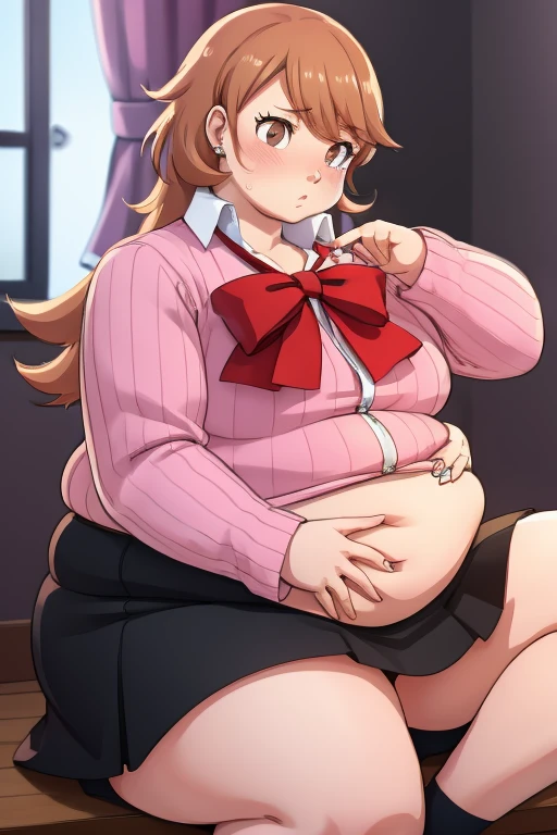 ((masterpiece)), (best quality), official art, extremely detailed CG, unity 8k wallpaper, ultra detailed, highly detailed, detailed background, vivid color, perfect lighting, best illumination, 
1girl, solo, takeba yukari , looking at viewer, hand in own hair, school uniform, bow, skirt, ((big rotund plump belly, bulging stomach, blushing)), ((embarrassed, flustered)), fat, big belly, horny, sitting down, ((long sleeves)), ((black skirt))
 