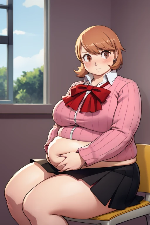 ((masterpiece)), (best quality), official art, extremely detailed CG, unity 8k wallpaper, ultra detailed, highly detailed, detailed background, vivid color, perfect lighting, best illumination, 
1girl, solo, takeba yukari , looking at viewer, hand in own hair, school uniform, bow, skirt, ((big rotund plump belly, bulging stomach, blushing)), ((embarrassed, flustered)), fat, big belly, horny, sitting down, ((long sleeves)), ((black skirt))
 