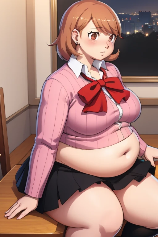 ((masterpiece)), (best quality), official art, extremely detailed CG, unity 8k wallpaper, ultra detailed, highly detailed, detailed background, vivid color, perfect lighting, best illumination, 
1girl, solo, takeba yukari , looking at viewer, hand in own hair, school uniform, bow, skirt, ((big rotund plump belly, bulging stomach, blushing)), ((embarrassed, flustered)), fat, big belly, horny, sitting down, ((long sleeves)), ((black skirt))
 