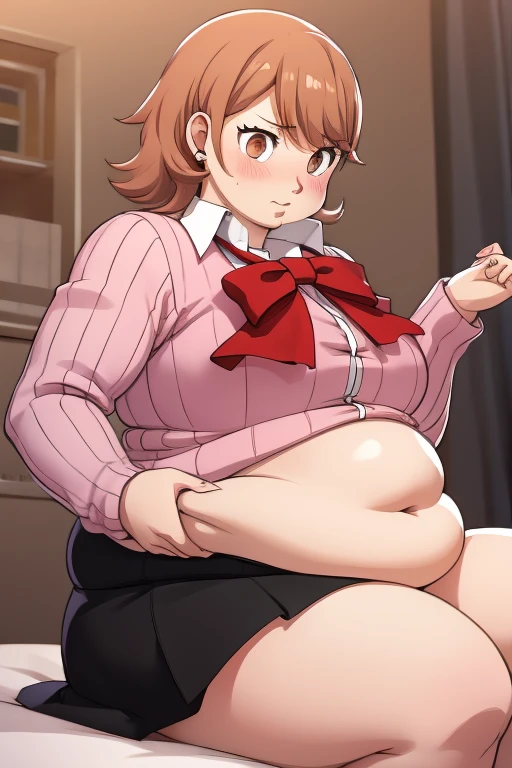 ((masterpiece)), (best quality), official art, extremely detailed CG, unity 8k wallpaper, ultra detailed, highly detailed, detailed background, vivid color, perfect lighting, best illumination, 
1girl, solo, takeba yukari , looking at viewer, hand in own hair, school uniform, bow, skirt, ((big rotund plump belly, bulging stomach, blushing)), ((embarrassed, flustered)), fat, big belly, horny, sitting down, ((long sleeves)), ((black skirt)), (((fat rotund obese growing belly, her belly is round)))