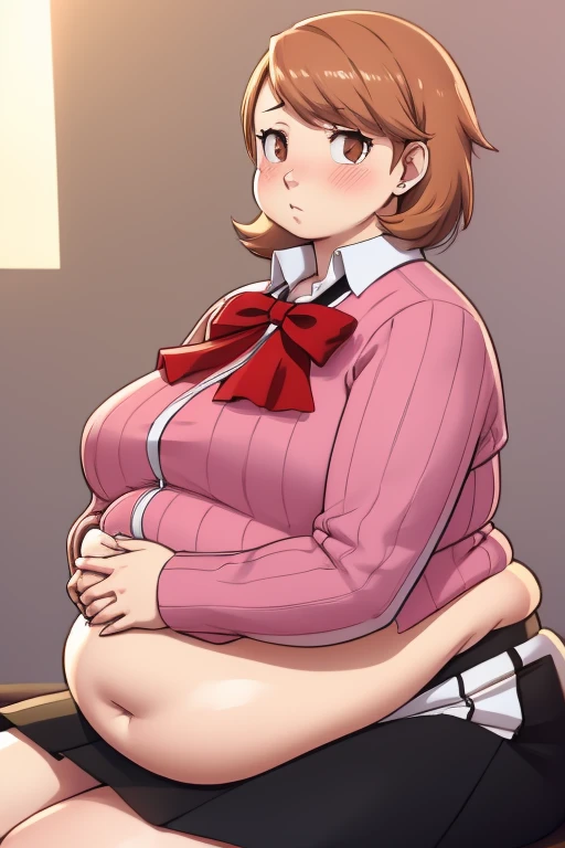 ((masterpiece)), (best quality), official art, extremely detailed CG, unity 8k wallpaper, ultra detailed, highly detailed, detailed background, vivid color, perfect lighting, best illumination, 
1girl, solo, takeba yukari , looking at viewer, hand in own hair, school uniform, bow, skirt, ((big rotund plump belly, bulging stomach, blushing)), ((embarrassed, flustered)), fat, big belly, horny, sitting down, ((long sleeves)), ((black skirt)), (((fat rotund obese growing belly, her belly is round)))