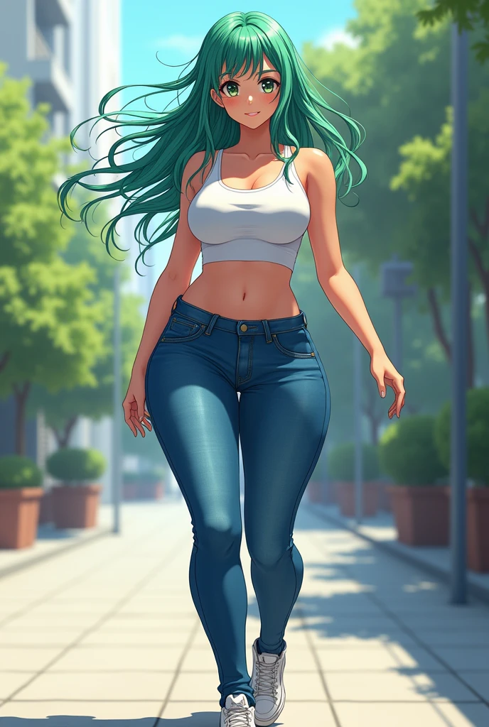 1girl, anime girl, anime, (dark skin), stylish girl, bracelet, necklace, earrings, 2d girl, 18y, (fullbody), standing, anime girl, seductive smile, (green hair), flowing hair, hair flowing in the wind, ((blue blouse)), Solo, Slim, Big Breasts, Tight Shorts, low waist shorts, upshorts, outdoors, night background, flowers, looking at viewer, darker shadows, (((Wedgie))), (((explicit))), (((explicit))), (((shorts))), (((absurdres))), (((thigh gap))), (((cameltoe))), (((cleft of venus))), (((lowleg shorts))), (((innie pussy))), (((inniepussy))), (((innie_pussy)))