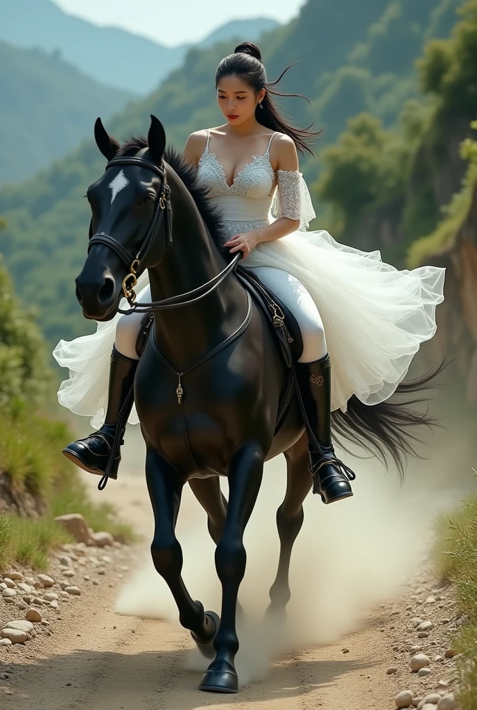 alone,a beautiful 2 girl with a japanese face,plump body,big breasts,wearing a white singlet dress with silver lace,wearing black boots,is riding a black horse quickly on a rocky and dusty road in the green and beutifull hills,ultra reakistic and super clear image,HD qualited