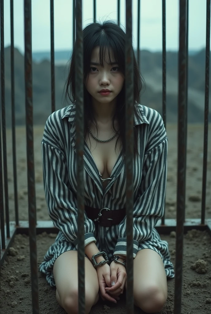 A girl bound with chains and crucified, losing consciousness