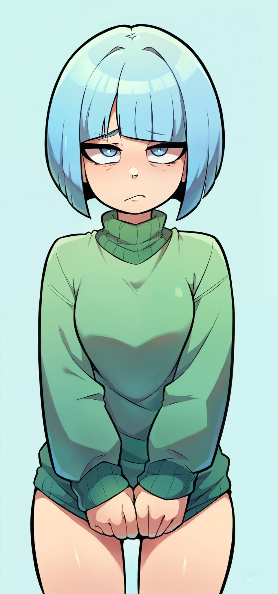 Kizi, hair light blue, Short hair bob cut, with bangs, green sweater, expression of sadness, depressive, eyes large, blue colored eyes, simple colors