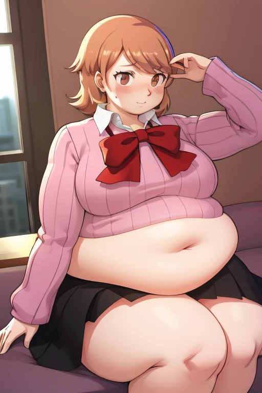 ((masterpiece)), (best quality), official art, extremely detailed CG, unity 8k wallpaper, ultra detailed, highly detailed, detailed background, vivid color, perfect lighting, best illumination, 
1girl, solo, takeba yukari , looking at viewer, hand in own hair, school uniform, bow, skirt, ((big rotund plump belly, bulging stomach, blushing)), ((embarrassed, flustered)), fat, big belly, horny, sitting down, ((long sleeves)), ((black skirt)), (((fat rotund obese growing belly, her belly is round))), uwu 