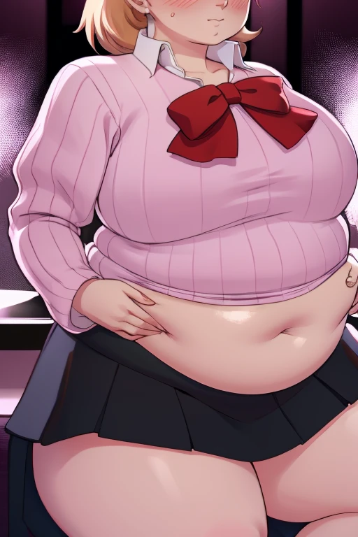 ((Masterpiece)), perfect anatomy, perfect shading, field of depth, (best quality), extremely delicate and beautiful, perfect lighting, detailed face, ultra cute face, cute, full body, (((1girl))), (((solo))),
singer idol, short hair, fluffy hair, pink hair, hair decoration, green eyes, ((blush))), shy, nervous, embarrassed, (ornate red crop top 1.2), short fluffy skirt, thigh highs, arm warmers, choker, extremely tight clothes, medium breasts, cleavage, perky breasts, (((wide hips))), ((thick thighs)), ((plump)), sweating, chubby belly, fat rolls, belly hang, she has a jiggly belly,
stage, neon lights, intricate background, detailed background, holding a mic,