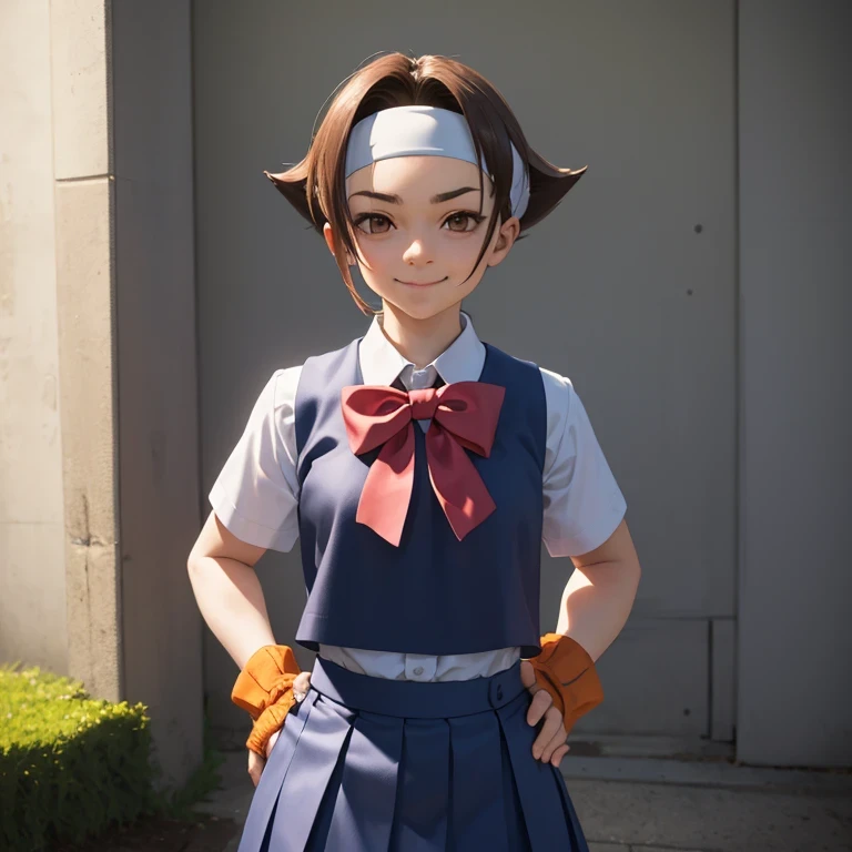 masterpiece, best quality, wakabahinata, headband, white shirt, bow, blue vest, pleated skirt, fingerless gloves, upper body, looking at viewer, school, outdoors, smirk, furrowed brow, hands to hips 