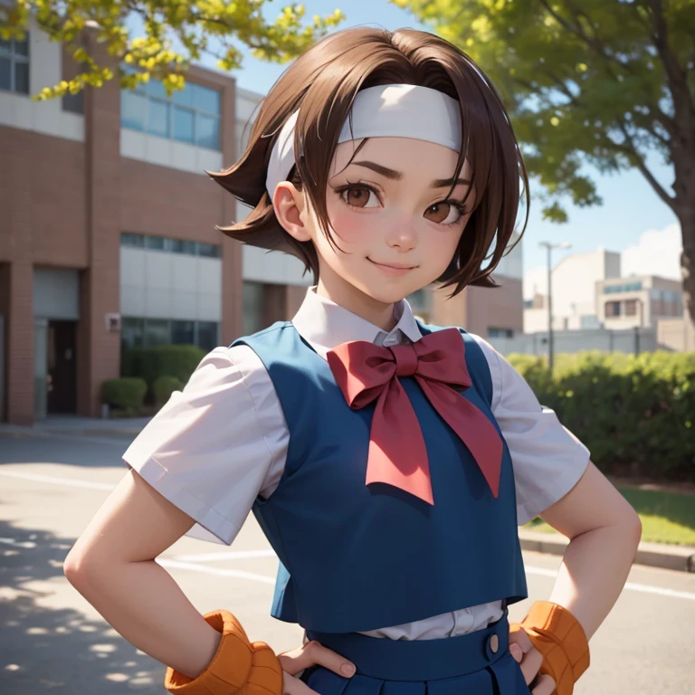 masterpiece, best quality, wakabahinata, headband, white shirt, bow, blue vest, pleated skirt, fingerless gloves, upper body, looking at viewer, school, outdoors, smirk, furrowed brow, hands to hips 