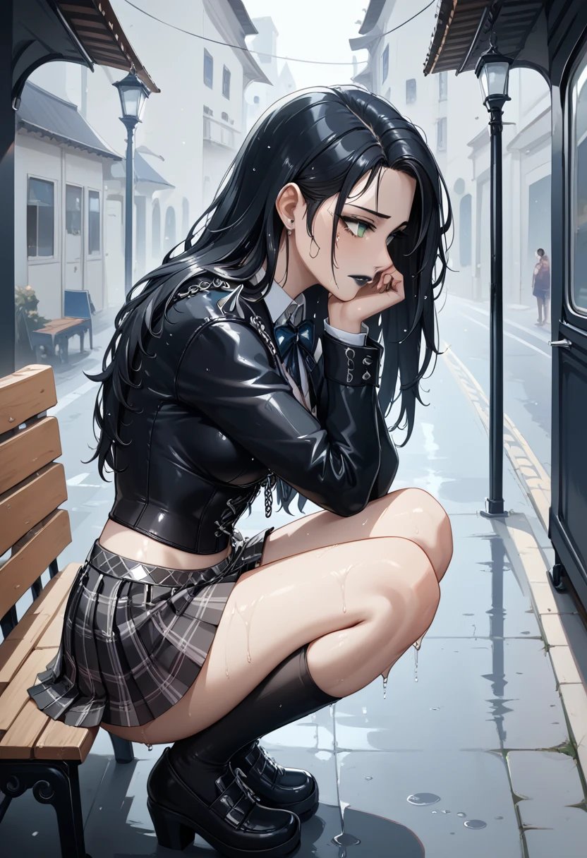 1girl,solo, going to school on her black sexy school uniform, short skirt, green eyes, big hair,fair skin,
(black lip:1.2) ,gray eyes,(blue theme:0.8),
long hair,pink+black hair color,plaid skirt,
wet,a sad day,portrait,upper body,side view, 
score_9, score_8_up, score_7_up,moonlight,squatting, street bench,
bus station,
heavy rain at night,from above,
masterpiece, best quality, neolight, 
hud_sp1ked, chain, spikes, leather, skirt, corset, 