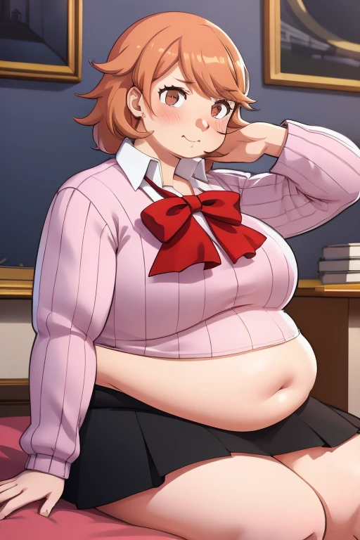 ((masterpiece)), (best quality), official art, extremely detailed CG, unity 8k wallpaper, ultra detailed, highly detailed, detailed background, vivid color, perfect lighting, best illumination, 
1girl, solo, takeba yukari , looking at viewer, hand in own hair, school uniform, bow, skirt, ((big rotund plump belly, bulging stomach, blushing)), ((embarrassed, ;3)), fat, big belly, horny, sitting down, ((long sleeves)), ((black skirt)), (((fat rotund obese growing belly, her belly is round))), uwu, ;3