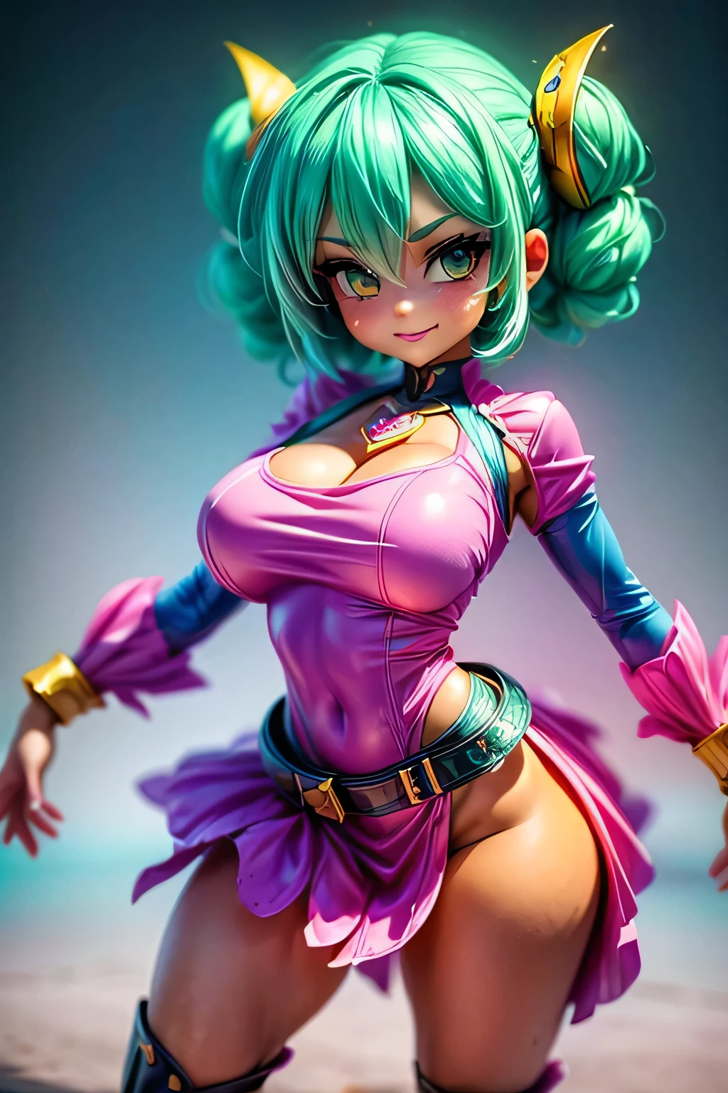 ((Best Quality)), ((Masterpiece)), (Detailed: 1.4), (Absurd),"A full-body depiction of Ribrianne from Dragon Ball, a round and whimsical character with a curvy and sturdy physique. Her face is bright and expressive, with large, round eyes and a cheerful smile, giving her an air of confidence and positivity. Ribrianne's skin is fair and smooth, with rosy blushes on her cheeks, adding to her She is dressed in a whimsical and colorful magical girl outfit. Her costume consists of a flowing pink dress with ruffled edges, puffed sleeves, and a heart-shaped symbol on her chest. Around her waist is a wide, golden belt with a heart emblem in the center. Her gloves and boots are white and knee-length, adding a heroic yet playful look to her appearance. She wears a headband adorned with heart-shaped details, and her short hair is styled in a bob, The background is a magical scene and vibrant, full of bright energy, hearts and pink light, emphasizing her bubbly and powerful personality., by mucha, niji --V5, almost real, sexy pose, fractal background, pastel, centered, scale to fit dimensions, HDR (High Dynamic Range), Ray Tracing, NVIDIA RTX, Super Resolution, Unreal 5, Subsurface Scattering, PBR Texture, Post-processing, anisotropic filtering, depth of field, maximum clarity and sharpness, multi-layer textures, albedo and specular maps, surface shading, accurate simulation of light-material interaction, perfect proportions, octane rendering, two-tone lighting, wide aperture, low ISO, white balance, rule of thirds, 8K RAW, Crysisnanosuit