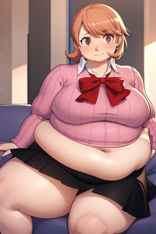 ((masterpiece)), (best quality), official art, extremely detailed CG, unity 8k wallpaper, ultra detailed, highly detailed, detailed background, vivid color, perfect lighting, best illumination, 
1girl, solo, takeba yukari , looking at viewer, hand in own hair, school uniform, bow, skirt, ((big rotund plump belly, bulging stomach, blushing)), ((embarrassed, ;3)), fat, big belly, horny, sitting down, ((long sleeves)), ((black skirt)), (((fat rotund obese growing belly, her belly is round))), uwu, ;3