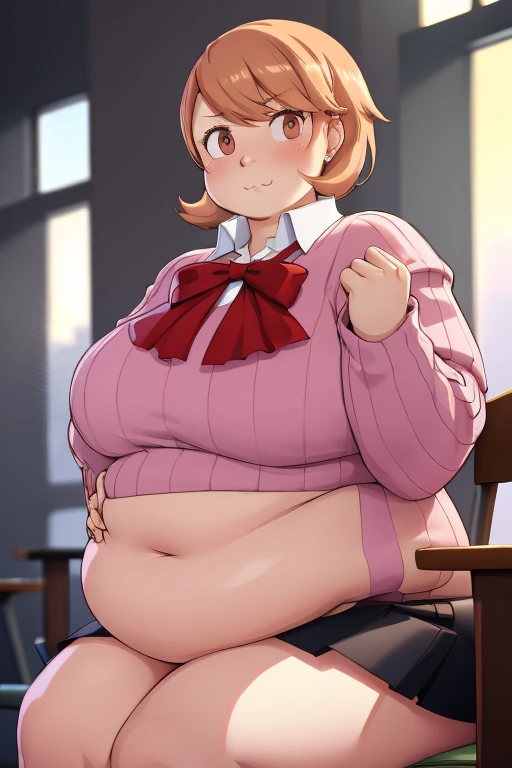 ((masterpiece)), (best quality), official art, extremely detailed CG, unity 8k wallpaper, ultra detailed, highly detailed, detailed background, vivid color, perfect lighting, best illumination, 
1girl, solo, takeba yukari , looking at viewer, hand in own hair, school uniform, bow, skirt, ((big rotund plump belly, bulging stomach, blushing)), ((embarrassed, ;3)), fat, big belly, horny, sitting down, ((long sleeves)), ((black skirt)), (((fat rotund obese growing belly, her belly is round))), uwu, ;3