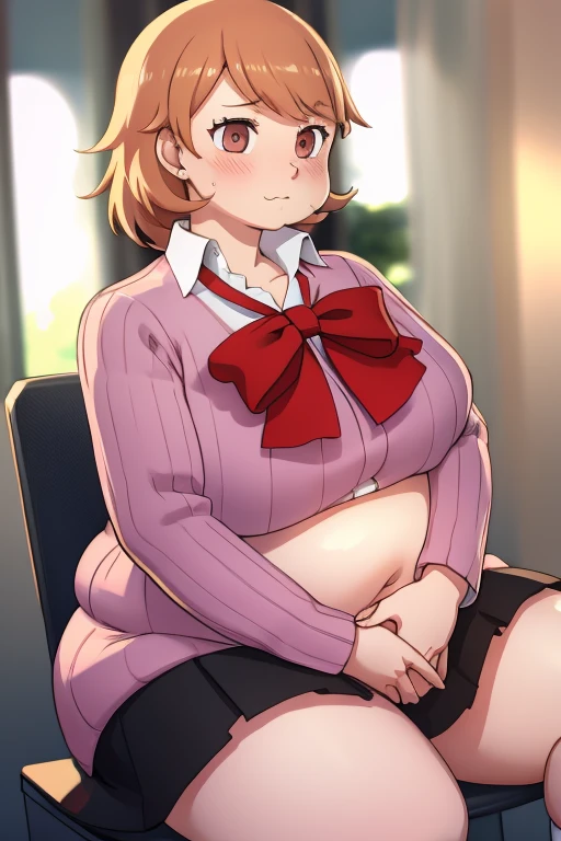 ((masterpiece)), (best quality), official art, extremely detailed CG, unity 8k wallpaper, ultra detailed, highly detailed, detailed background, vivid color, perfect lighting, best illumination, 
1girl, solo, takeba yukari , looking at viewer, hand in own hair, school uniform, bow, skirt, ((big rotund plump belly, bulging stomach, blushing)), ((embarrassed, ;3)), fat, big belly, horny, sitting down, ((long sleeves)), ((black skirt)), (((fat rotund obese growing belly, her belly is round))), uwu, ;3