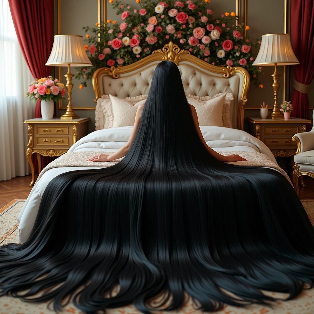 Super Long Hair Contest Winner、Full body photo、Head to toe photos、Taken from about 4 meters away、ultra-realistic、The longest black hair in the world、Hair longer than Rapunzel、She has very long black hair that covers her entire body...、Hair that is shampooed every day is so beautiful、I&#39;s hair isバラの香りがして、My very long black hair makes me look sexy.、My charm is my long black hair、Long black hair is a symbol of beauty、I&#39;I am proud of my long black hair、This long hair length and volume is admired around the world.、Her very long black hair is fanned out、Smooth black hair that flows from shoulders to floor、I have a lot of hair、Cover the entire bed with hair、Hide your hands with your long hair、Hide your fingers with your long hair、A storm of black hair about to overflow from the screen、,Full body photo,超Super long hair、naked、the most Beautiful Hair in the world、Lie on your back in bed、Long hair covering her vagina、White underwear or naked、Cover the whole body with straight hair、Very beautiful face、beautifully styled black hair、Very large amounts of hair、Super long hair that accentuates femininity&#39;sexly、Slim figure、Beautiful and shiny hair、Bright lighting、Professional Lighting、Full body photo、Black hair contest winner、the place is a bedroom、My hair is reaching the floor and dragging、Full of black hair、She is leaning on the bed, Show off your long hair.、The bed is full of hair、Long black hair covers the whole body、Super long hair、Best image quality、highest quality、Highest Resolution、Ultra-realistic photos、Full body photo、1 girl、Very beautiful face、 Real Photo、Live-action,((large breast:1.6)), (((diamond shape body)), (((open legs))) 
