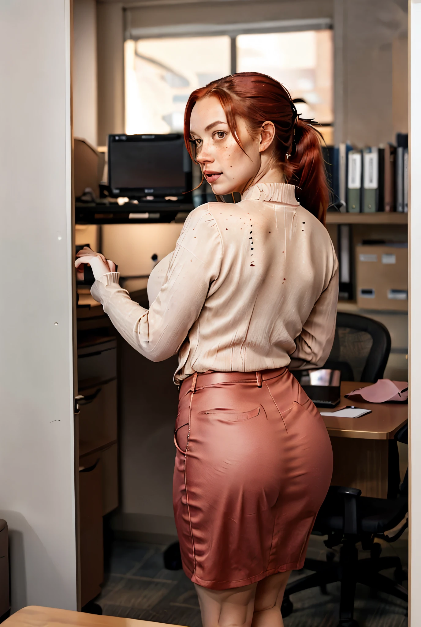 a one woman, super long red hair, ponytail hair, face detailed, with freckles, perfectbody, Curvy Body, fully body, num closet, sexy office lady