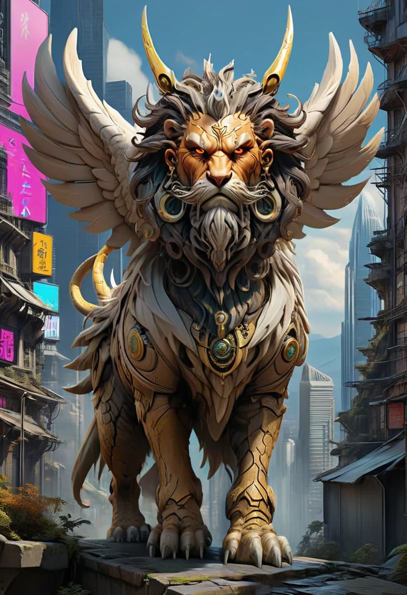 A towering Cyberpunk Lamassu gracefully strides down a bustling futuristic street, Its imposing presence commands attention as its 3d style form merges seamlessly with the neon-lit urban landscape, The creature's cybernetic enhancements are intricately detailed, blending organic and mechanical elements in perfect harmony, This anime style artwork showcases a world where technology has advanced to unimaginable heights, creating beings that defy the laws of nature - both beautiful and terrifying at once