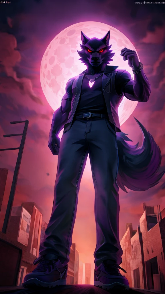 menacing, muscular anthropomorphic wolf, short spiky fur, wearing a red sleeveless jacket and blue jeans, white nike air force sneakers, standing in a powerful pose, looking directly at the camera with a fierce gaze, glowing red eyes, wearing a necklace and watch, moonlit urban backdrop with a pink and purple color scheme, backlit by a large full moon, vibrant lighting, strong shadows, dramatic and intense atmosphere, low-angle shot, sharp focus on subject, detailed and surreal rendering, possible digital artw