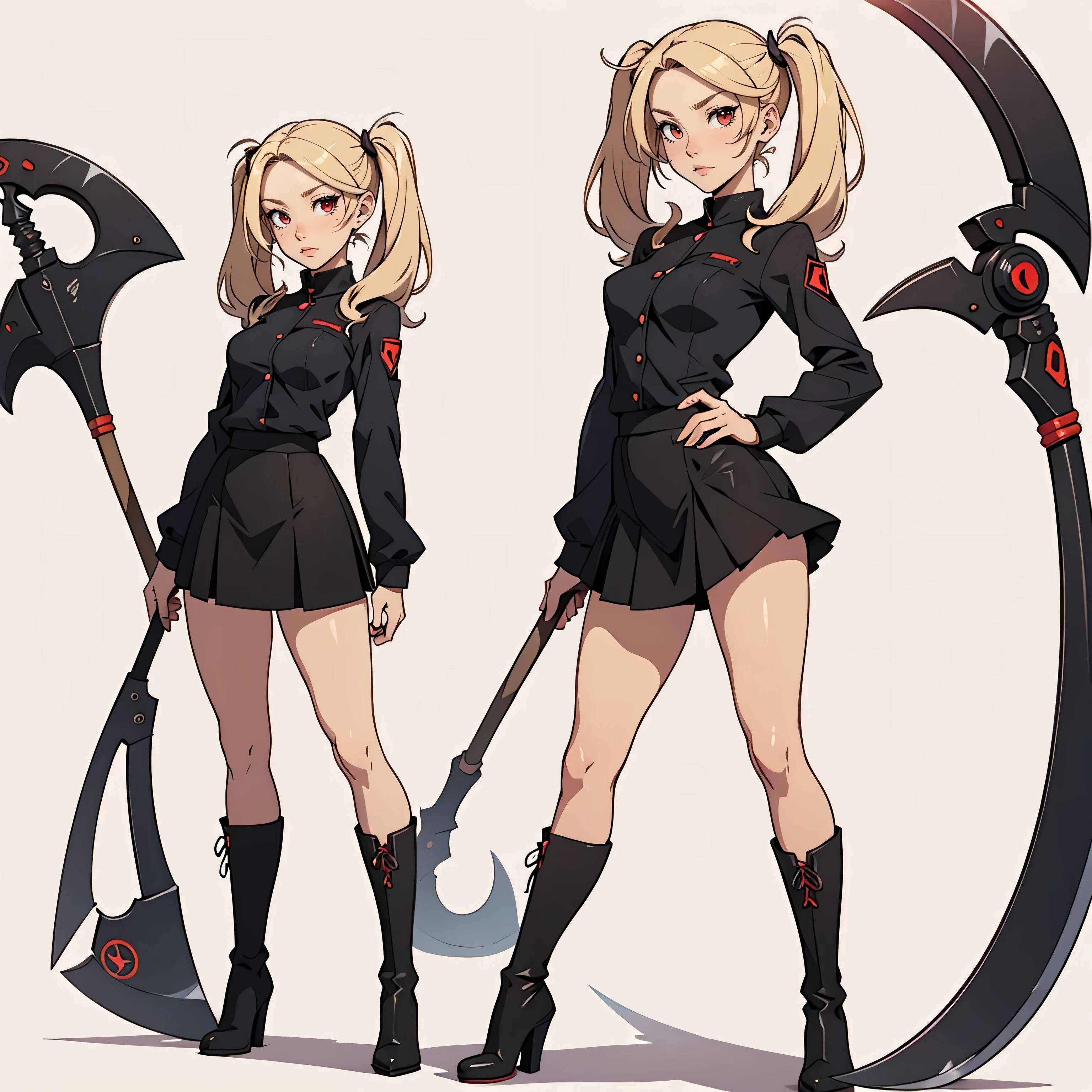 Very detailed, neutral facial expression, figure, full body view, blonde hair with twintails, red eyes, looking at viewer, black and red uniform, skirt, black boots, holding scythe.