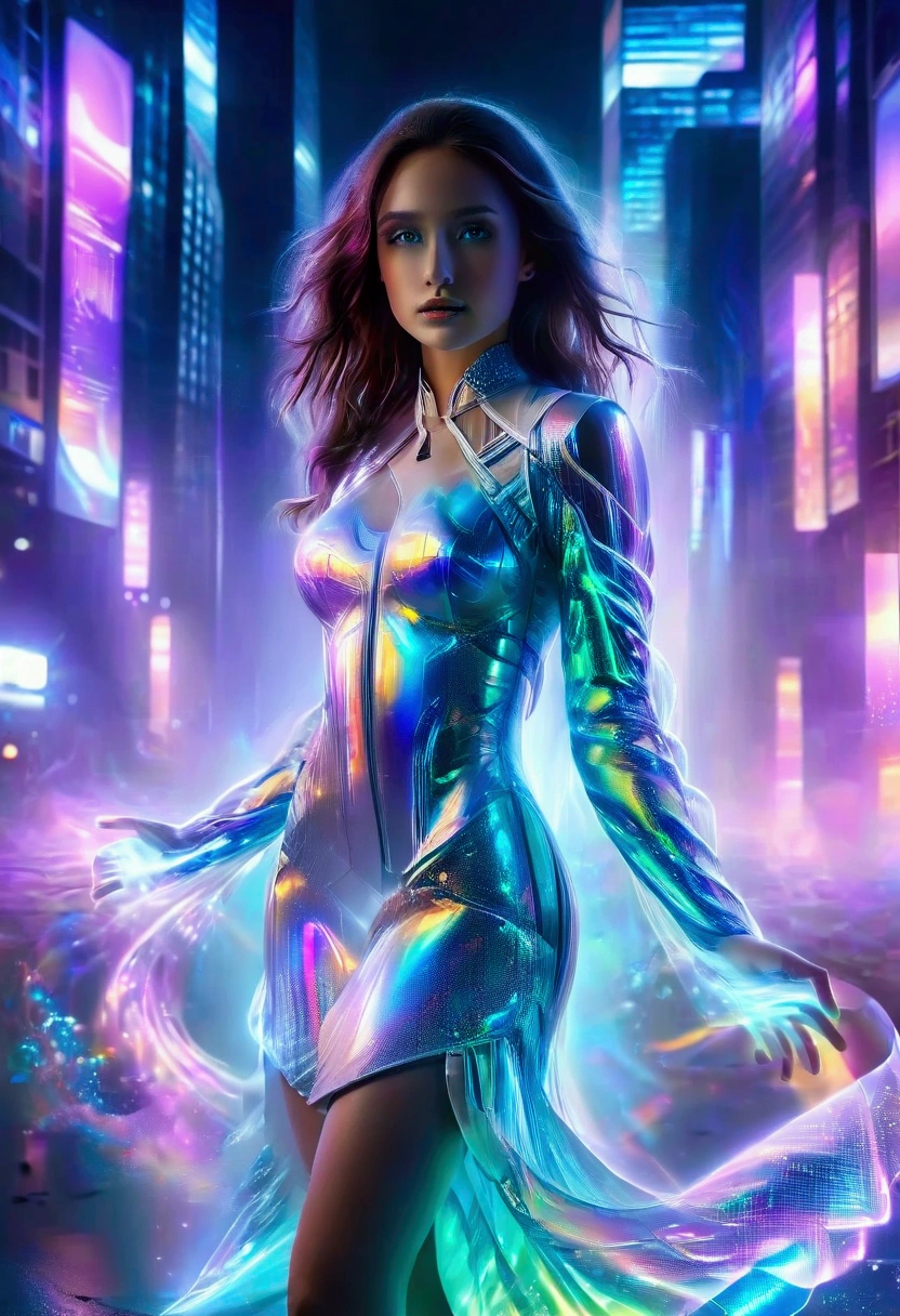 A stunning futuristic portrait of a 1 sissygirl dressed in a captivating nano-dress that reveals her figure. The sheer, iridescent material of the dress constantly shifts colors, creating a mesmerizing visual effect. The background showcases an abstract, surreal cityscape with floating skyscrapers and neon lights that add to the sci-fi ambiance. The overall composition exudes an alluring, erotic vibe with a touch of dreamlike enchantment.