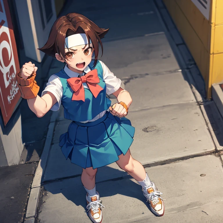 masterpiece, best quality, wakabahinata, headband, white shirt, bow, blue vest, pleated skirt, fingerless gloves, socks, sneakers, looking at viewer, standing, fighting stance, fists, furrowed brow, :D, from above, city street 